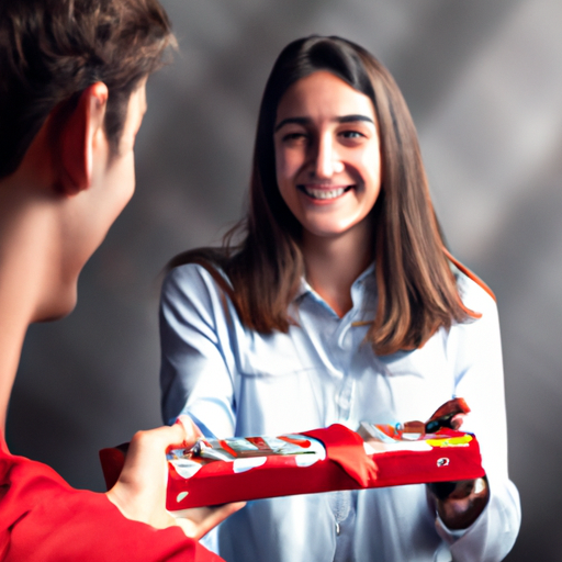 תמונה של נמען מקבל קופסת שוקולד קינדר במתנה, עם חיוך גדול על הפנים.