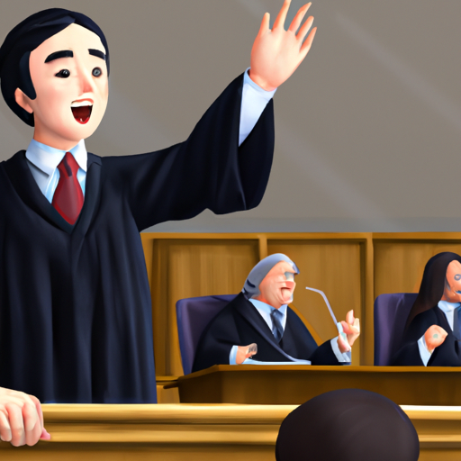 איור של עורך דין המרים את ידו בבית המשפט כדי להעלות טיעון בפני שופט