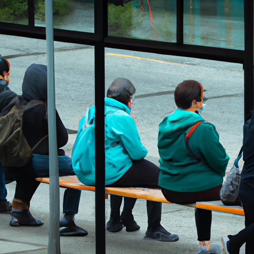 קבוצת נוסעים ממתינה בתחנת אוטובוס, שומרת על ריחוק חברתי