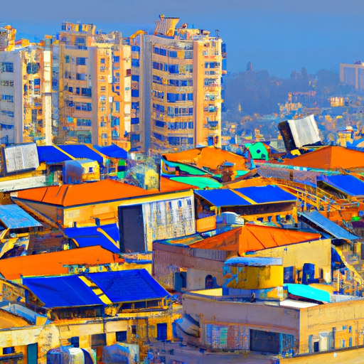 נוף עירוני צבעוני של חיפה, בדגש על פאנלים סולאריים ויחידות צבירה על גגות.