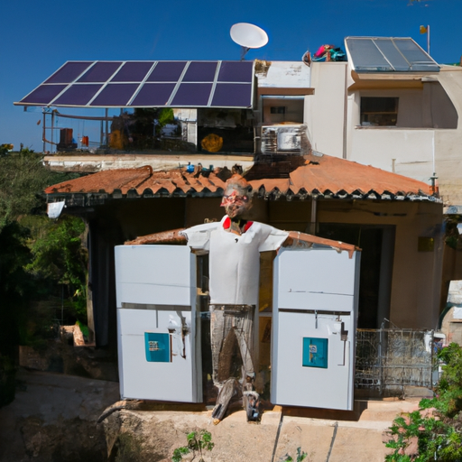 תושב חיפה עומד ליד הפאנלים הסולאריים ויחידת המצברים של ביתם, ומציג את מחויבותם לפתרונות אנרגיה ברי קיימא.