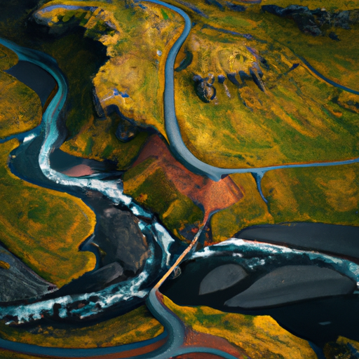 נוף אווירי שובה לב של כביש הטבעת המפורסם של איסלנד, המתפתל באזור הכפרי הציורי.