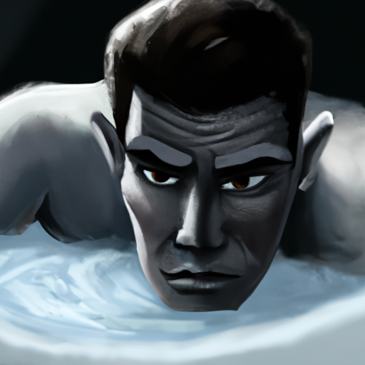 אדם טובל באמבט קרח עם הבעה נחושה