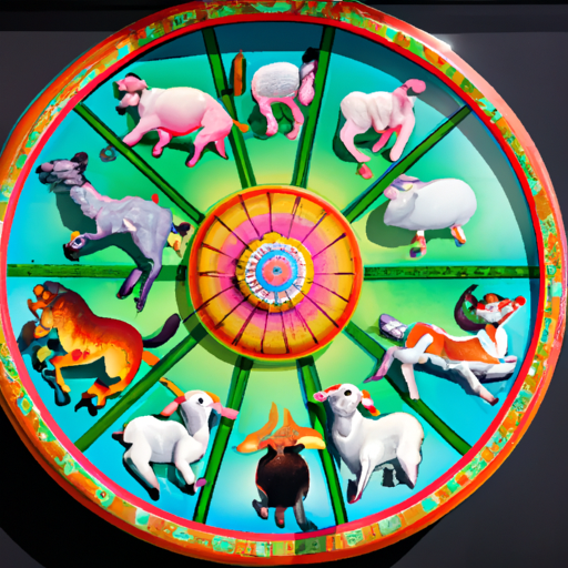 גלגל גלגל המזלות הסיני צבעוני, כל קטע מעוטר בחיה אחרת