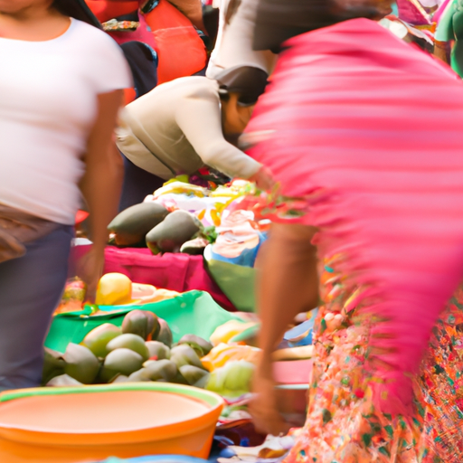שוק מקסיקני הומה עם שפע של תוצרת טרייה, מלאכת יד מסורתית ואוכל רחוב