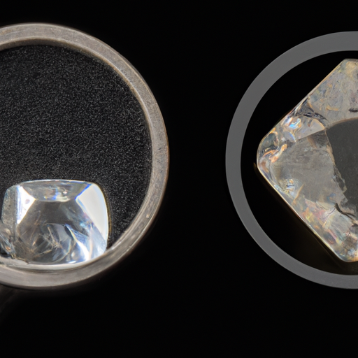 השוואה זה לצד זה של יהלום מעבדה ויהלום ממוקש במיקרוסקופ.