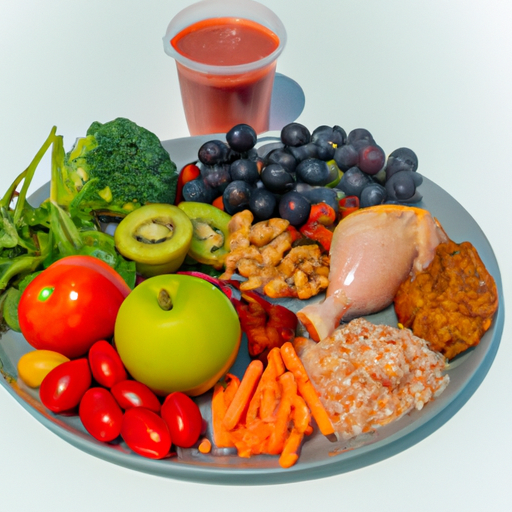 תמונה תוססת של ארוחה מאוזנת עם פירות, ירקות וחלבונים שונים